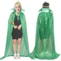 Green sequin cape costume for women, hooded cloak with crown and scepter for Halloween party. - Robe / Long Cape / Green