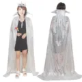 Silver sequined cape cloak for Halloween party performance costume with high collar design. - Robe / Long Cape / Silver
