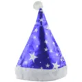 Blue metallic Christmas hat with white stars, plush brim and pom-pom for holiday party. - Star - Blue