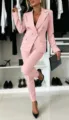 Professional pink women's double-breasted slim fit blazer jacket and trousers suit set - Pink