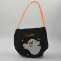 Halloween plush trick or treat candy bag black ghost design with orange handle and custom text. - Black Ghost