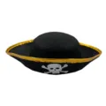 Black pirate captain hat with gold trim and skull design for kids party performance props. - Adults' Non-Woven Tricorn Pirate Hat / Gold Rim