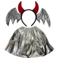 Σετ αποκριάτικης στολής διαβόλου Halloween με κόκκινα κέρατα φτερά και ασημένια φούστα - Ένα μέγεθος / Σετ στέκα φτερά νυχτερίδας με κέρατα και φούστα: Ασημένιο