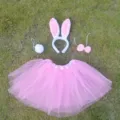 Pink bunny costume set including fluffy tutu skirt headband ears tail bow for party dress up - One Size / Set