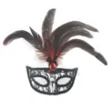 Maschera di Mascherata in Pizzo Nero con Piume e Gemma Rossa per Festa di Halloween - Argento