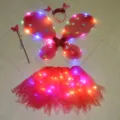 Kids light up red butterfly wings fairy costume set with led tutu skirt magic wand headwear - Red
