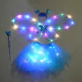 LED butterfly wings costume set, glowing fairy skirt, headband and magical wand for kids. - Blue