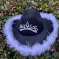 Black western cowboy hat with white feather trim and rhinestone crown decoration. - One Size (With Feather Trim And Crown) / Black