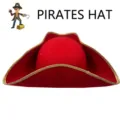 Red felt pirate hat with gold trim, classic tricorn design perfect for cosplay parties. - One Size / Red Tricorne Pirate Hats
