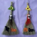 Halloween witch broom hanging ornaments spooky party props skull pumpkin decorations 2pcs - Ghost Head Broom / 50cm