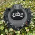 Black feather cowboy hat with rhinestone crown for party costume dress up hat accessory - Adult / Black Feather Edge / Black