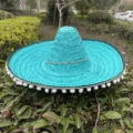Turquoise Mexican straw hat with colorful braid and pompoms, perfect for festive party events. - Diameter 53CM With Pompom Brim Mexican Hat / Grass Green