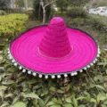 Vibrant pink Mexican sombrero straw hat with white pom-poms and colorful braid, party hat. - Diameter 53CM With Pompom Brim Mexican Hat / Rose Red