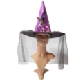 Cappello da strega di Halloween viola con velo piume e luci LED per festa in costume - Taglia unica / Viola