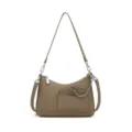 Taupe leather crescent shoulder bag, stylish women underarm handbag with silver chain. - Khaki