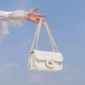 Borsa a tracolla in tweed bianco catena elegante lusso patta borsa donna chic moda alla moda - Bianco
