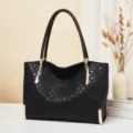 Grande borsa tote nera in pelle da donna, borsa a spalla versatile con trama intrecciata. - Nero