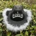 Black cowboy hat with white feather trim and rhinestone crown for Halloween party costumes. - One Size / Black (White Feather Trim)