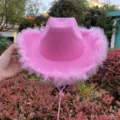 Pink cowgirl hat with fluffy feather trim, western party costume hat with chin strap. - No Crown Feather Style / Pink