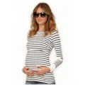 Close-up detail of a comfortable black and white striped long sleeve maternity breastfeeding top. - S / Tops / Striped