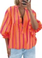 Women's orange pink striped button down blouse casual loose bubble sleeve V-neck top shirt - S / Orange