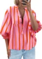 Women's casual pink and orange striped V-neck blouse with chic long bubble sleeves. - S / Pink