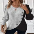 Color block ribbed knit long sleeve top with asymmetric button and crossover hem detail. - S / Tops / Light Gray