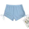 Close-up detail of light blue high-waist women bikini bottom with side drawstring ruching. - Sky Blue
