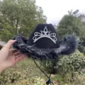 Black rhinestone crown cowboy hat with feathers and wide brim for party and festival style. - One Size / Black (Black Feather Trim)