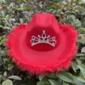 Roden vilt cowboyhoed met veer afwerking en strass tiara kroon voor feest kostuum. - Eén maat / Rood