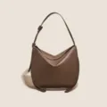 Stylish brown soft leather shoulder bag casual large capacity tote for daily commute. - Brown