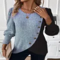 Stylish Women Long Sleeve Colorblock Ribbed Knit T-Shirt Crossover Hem Casual Pullover Top - S / Tops / Blue