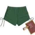 Solid color high-waist mesh swim shorts for women with side drawstrings, stylish bikini bottom. - Dark Green