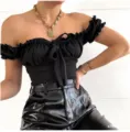 Solid color off-the-shoulder short sleeve crop top with ruffle and front tie for women. - S / Jumpsuits / Black