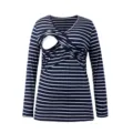 Long sleeve striped maternity nursing top with cross V-neck design for pregnant women daily wear. - S / Tops / Navy Blue