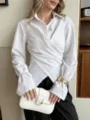Women striped wrap long sleeve blouse chic crossover shirt fashion elegant casual top - S / Tops / White