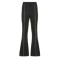 Black flared pants for women featuring sparkly rhinestone side stripes for casual daily wear. - S / Bottoms / Black
