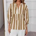 Women's Casual Brown Striped Long Sleeve V-Neck Blouse Loose Bubble Sleeve Top Variant - S / Khaki