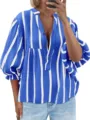 Blue white striped V-neck puff sleeve blouse for women casual loose summer top shirt. - S / Blue