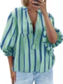 Green and blue striped V-neck blouse for women featuring trendy balloon sleeves and loose fit. - S / Green