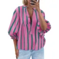 Pink and green striped V-neck bubble sleeve blouse casual loose summer autumn shirt - S / Rose Red