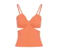 Orange ribbed cut-out camisole top, summer sleeveless slim fit sexy tank top for women. - Orange