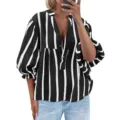 Black and white striped V-neck lantern sleeve blouse for women, casual autumn top. - S / Black