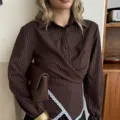 Brown pinstriped wrap long sleeve blouse for women, stylish crossover fashion shirt variant. - Coffee