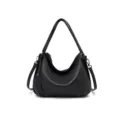 Black genuine leather hobo shoulder bag for women, stylish crossbody handbag main view. - Black