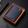 Stylish men's short leather wallet with gift box, premium card holder and zip coin pocket. - Blue