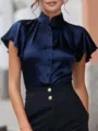Summer chic mandarin collar flutter sleeve blouse, elegant minimalist commuter top for women. - S / Navy Blue
