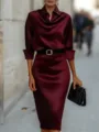 Burgundy satin long sleeve midi dress detail, elegant office wear with black belt. - S / Burgundy