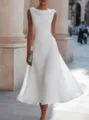 Summer elegant sleeveless cowl neck midi dress for women, waist slimming flared evening party gown. - S / Dresses / White