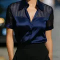 Elegant commuter V-neck satin striped short sleeve shirt, sheer panel detail for women. - S / Navy Blue